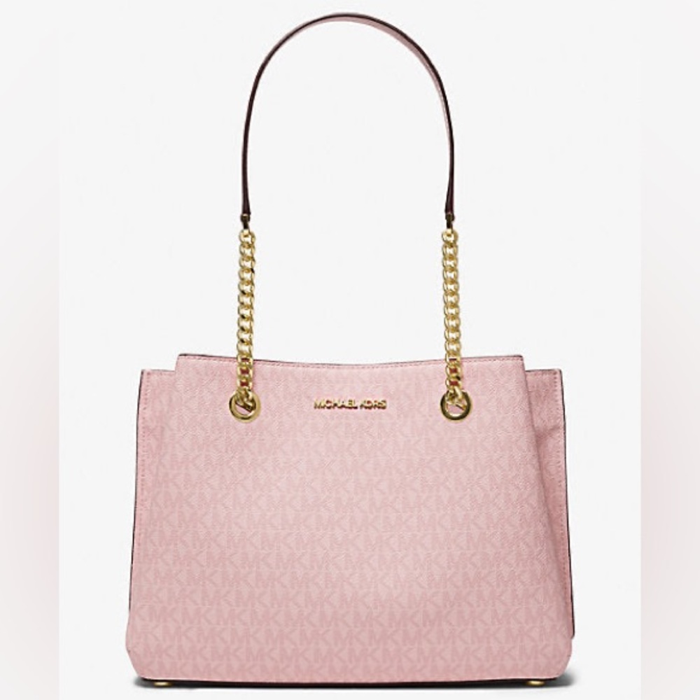 Michael Kors Teagen Long Drop Satchel Shoulder Tote Bag MK Signature Pink